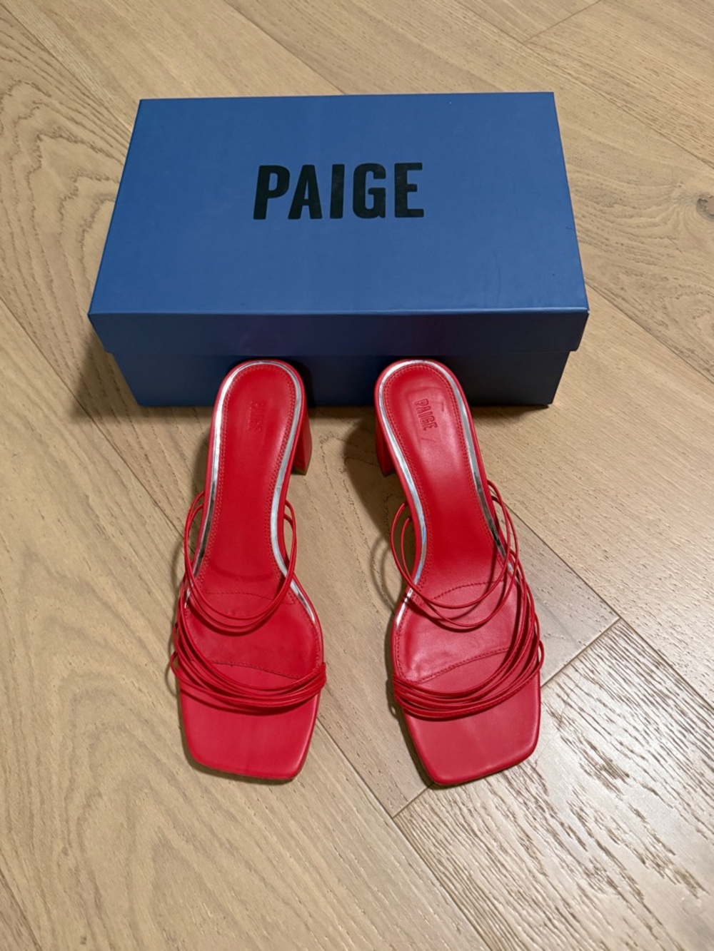 PAIGE Red Strappy Square-Toe Heeled Sandals